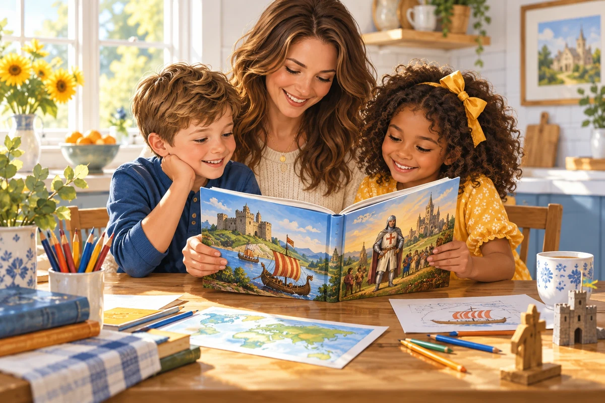 Illustration of a mother sharing an illustrated history book with her children