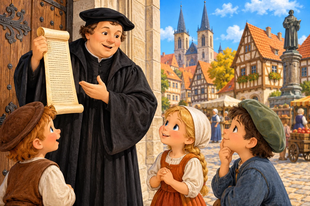 Children’s illustration of Martin Luther holding a parchment beside a church in a German town