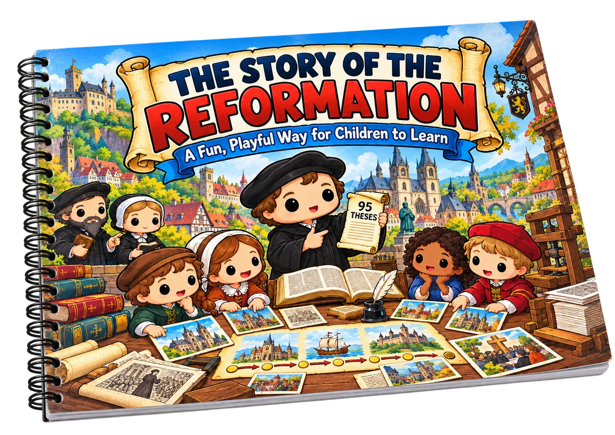 The Story of the Reformation illustrated book cover, featuring Martin Luther and children discovering Christian history